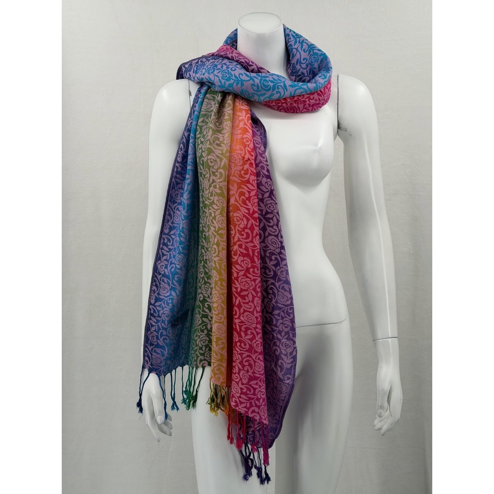 Pashmina Scarf Womens Multicolor Rainbow Floral Boho Artsy Fringe Shawl Wrap